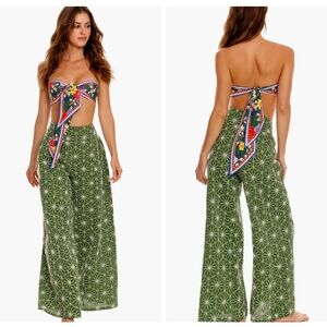 Agua Bendita  Mar Vessel Pants Green Wide Leg Embroidered SzS Cotton Blend